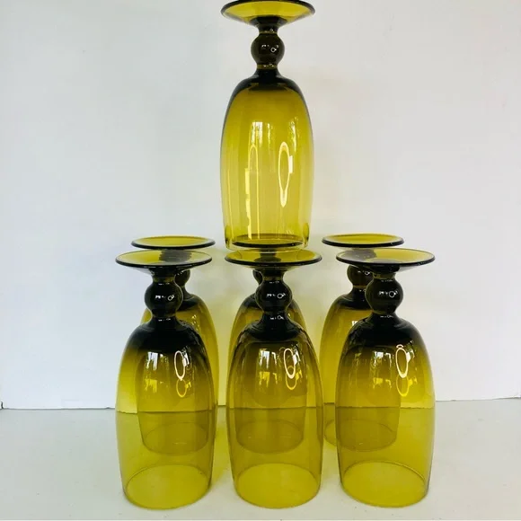 7 Olive Avocado Green Footed Vintage Tumblers Mid Century Glassware Barware